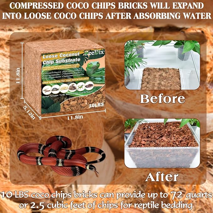 ZeeDix 10LB Coco Fiber Chips Substrate for Reptiles, 72 Quart Coconut Fiber Husk Substrate Mulch Coco Chips Bricks Reptiles Bedding for Geckos, Lizards, Tortoises, Ball Python, Frogs ZeeDix