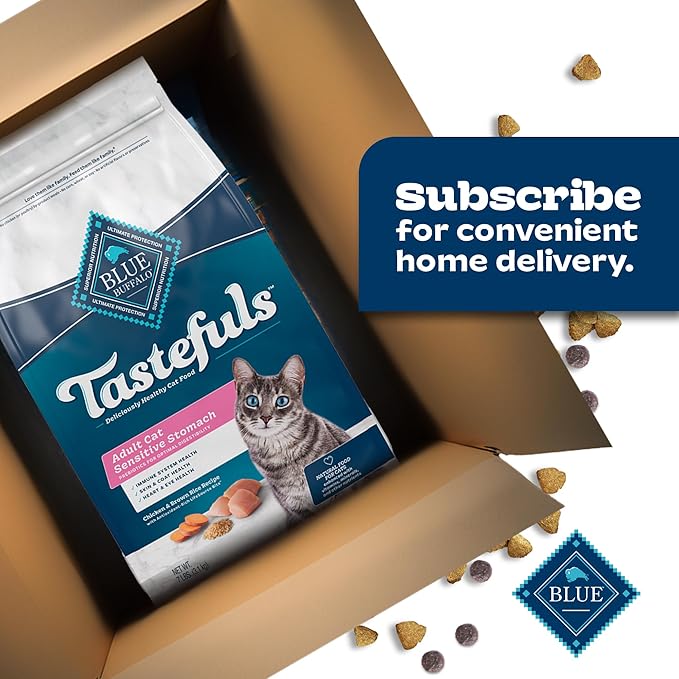 Blue Buffalo Tastefuls Adult Dry Cat Food Sensitive Stomach Formula, Made in the USA with Natural Ingredients, Chicken Recipe, 7-lb. Bag - PAWPICO