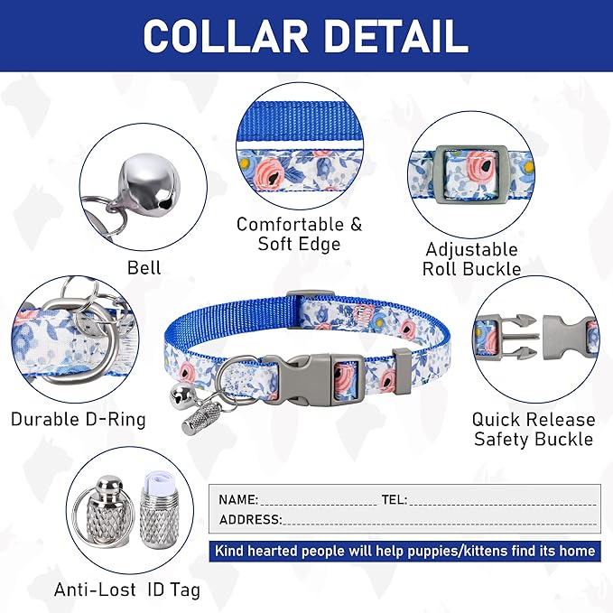 GAMUDA Small Dog Harness Collar and Leash Set, Step in No Chock No Pull Soft Mesh Adjustable Dog Vest Harnesses Plaid Reflective for Dogs Puppy Cats Kitten Rabbit (Blue Flower, XL) GAMUDACollarsCollection