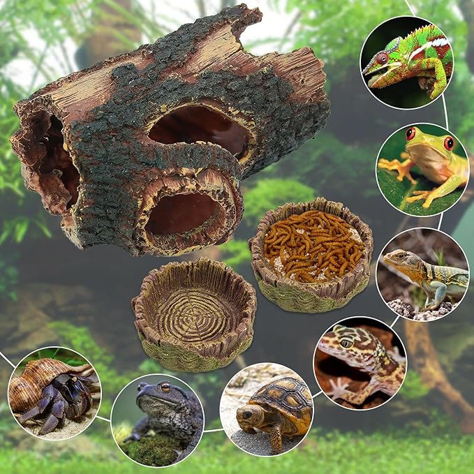 3Pcs Reptile Hide Cave Small Lizard Reptile Food&Water Bearded Dragon Bowls Accessories,Natural Resin Hollow Tree Trunk Hideout,Hermit Crab Supplies Trunk Snake Gecko Frogs Fish Tanks Decor Dexspoeny