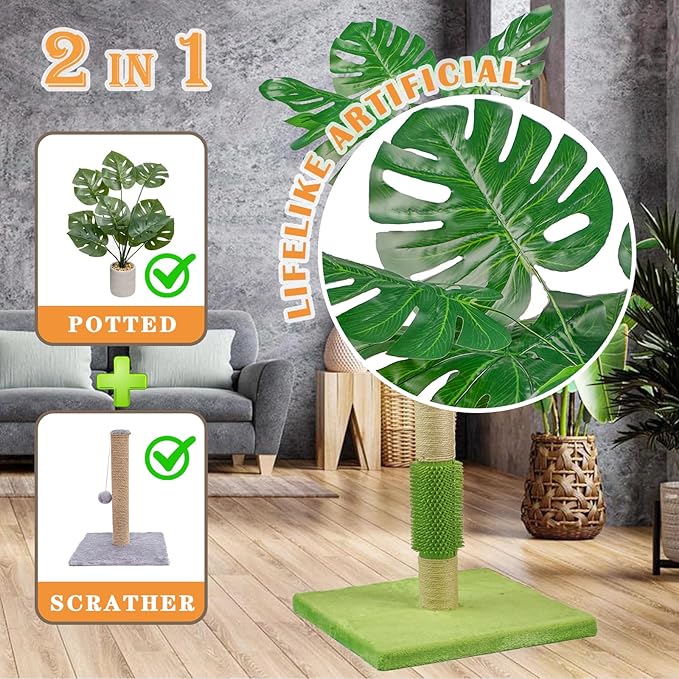 MeowHomm Cat Scratching Post, Cat Monstera Deliciosa for Indoor Cats with Natural Sisal Scratch Pole Hanging Sisal Ropes and Balls, Cute 40" Tall Cat Scratcher for Large Cat and Kittens - PAWPICO