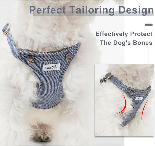 Puppytie No Pull Dog Harness with Multifunction Dog Leash,Soft Adjustable No Choke Escape Proof Pet Harness Vest for Medium Dogs,Denim Light Blue,M Puppytie
