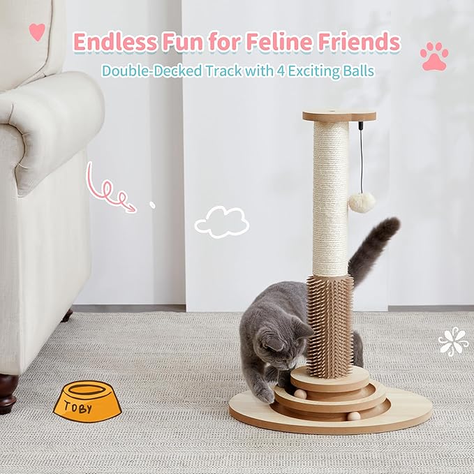 Made4Pets Cat Scratching Post, 23" Tall Sisal Cat Scratcher Post with Cat Self Groomer, 4-in-1 Interactive Trackball Toys with Cat Hair Brush, Vertical Cat Climbing Tree with Dangling Plush Balls - PAWPICO