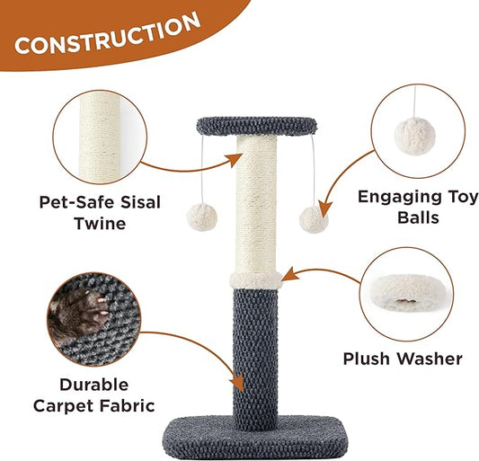 Lesure Cat Scratching Post for Indoor Cats - Highly Resistant Carpet Scratch Posts, Premium Sisal Rope Scratch Posts for Kittens, Sturdy Small Cat Scratch Pole with Hanging Ball, Grey(22.5 inch) - PAWPICO
