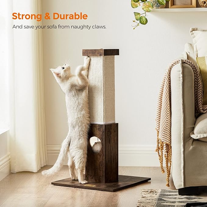 Feandrea Cat Scratching Post, Cat Scratcher for Indoor Cats, 28.7 Inches Tall, Furniture Scratching Deterrent Sisal Scratch Pole with Toy, Rustic Brown UPCA021X01 - PAWPICO