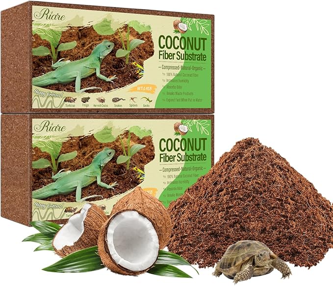 Riare 2 Pack Natural Coconut Fiber Substrate for Reptile- Premium Compressed Coconut Husk Terrarium Bedding for Reptile, Tortoise, Frogs, Snakes Hermit Crabs, Burrowing Animals Riare