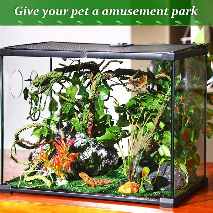 9 Pieces Reptile Jungle Vines Decor Set Include Bendable Flexible Climbing Plastic Plants with Suction Cups Tank Accessories Habitat Decor for Gecko, Snake, Hermit Crab Luinabio