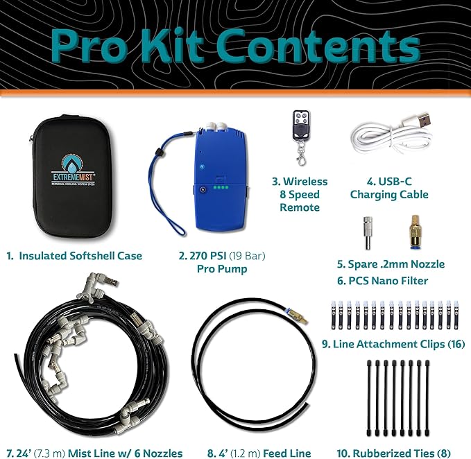 Extreme MIST Portable Misting System Pro Kit - 6 Mist Nozzles & Pro Pump | Easy to Setup | 24 ft. Mist Line for Outdoor Patios, Golf Carts, Greenhouses, Canopy, Decks & More - Cools the air up to 30°F ExtremeMist