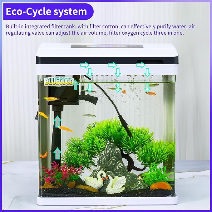 2 Gallon Glass Aquarium Fish Tank Starter Kit with Temperature for Betta Fish Featuring Crystal Clear 360° Viewing, Eco-Cycle Filtration, Air Pump Bluecoco