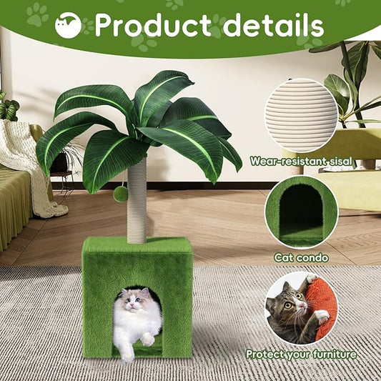 Cat Scratching Post with Condo, Palm Cat Tree Tower Natural Sisal Cat Scratcher Cat Bed Cat Furniture for Kittens and Cats - PAWPICO
