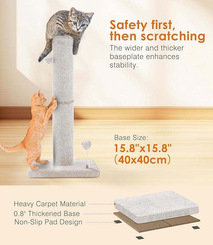 Carpet Craft Cat Scratching Post Heavy Duty for Indoor Large Cats and Adult Cats,Tall and Thicked Cat Scratch Post,Carpet Cat Tree Tower Scratcher with Interactivity Balls,Beige - PAWPICO