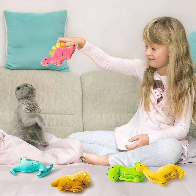 MALLMALL6 5Pcs Dinosaur Catnip Toys for Cat, Indoor Cat Chew Bite Bunny Kick Plush Catmint Pet Toys Supplies for Cat Lover Gifts, Interactive Cat Toy with Cute Expression for Pet Presents - PAWPICO