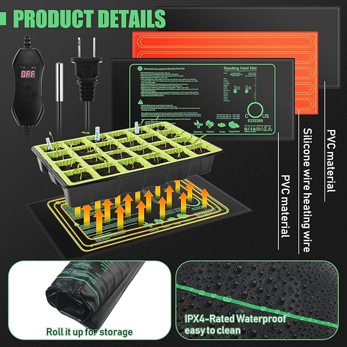 ROCEEI 2 Pack Seedling Heat Mat, 10 x 20.75 Inch Waterproof Seedling Heating Pad with Digital Thermostat Controller for Germination, Hydroponics, Brewing, Breeding, Indoor Gardening and Greenhouse ROCEEI
