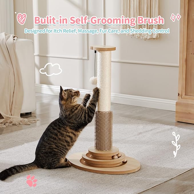 Made4Pets Cat Scratching Post, 23" Tall Sisal Cat Scratcher Post with Cat Self Groomer, 4-in-1 Interactive Trackball Toys with Cat Hair Brush, Vertical Cat Climbing Tree with Dangling Plush Balls - PAWPICO