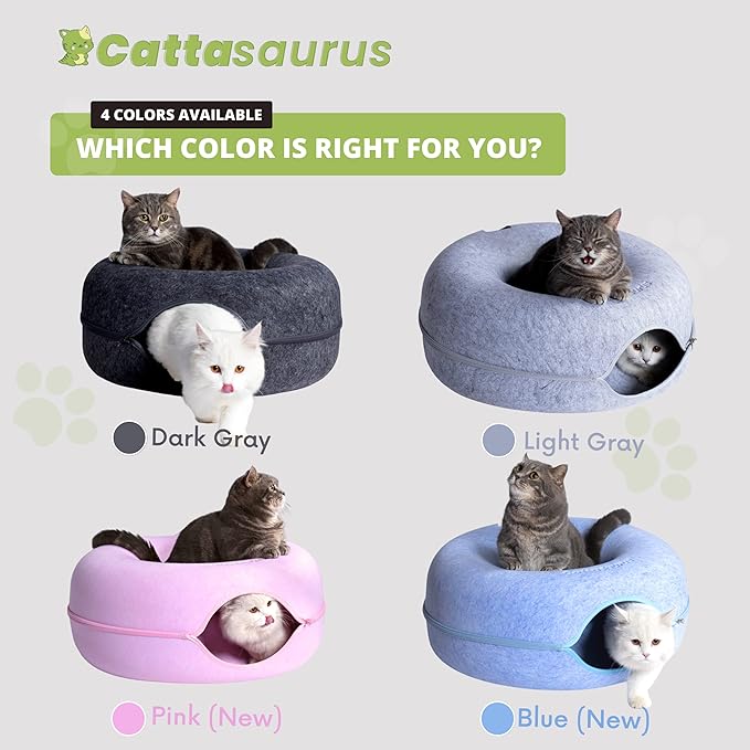 CATTASAURUS Peekaboo Cat Cave for Multiple & Large Cats Up to 30-45 Lbs, Scratch Detachable & Washable Tunnel Bed, Comfy Donut Cat Cave (Pink, Large) - PAWPICO
