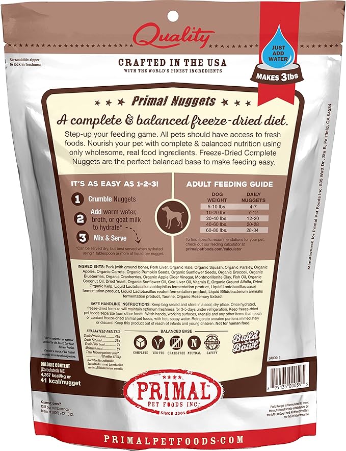 Primal Freeze Dried Raw Dog Food Nuggets, Pork, Complete & Balanced Meal, Also Use as Topper or Treat, Premium, Healthy, Grain Free, High Protein Raw Dog Food, 14 oz PrimalPetFoods