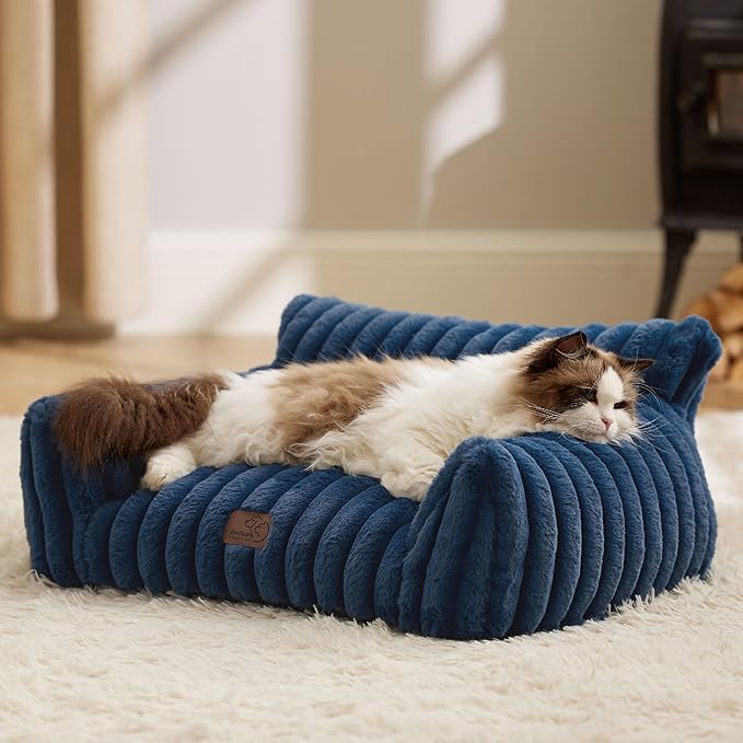 Bedsure Cute Cat Couch for Pets - Fluffy Cat Sofa with Premium Soft Corduroy Fleece, Fuzzy Cat Couch Bed with Removable Washable Cover, Supportive Cat Chair for Indoor Cats, 24inch, Night Blue - PAWPICO