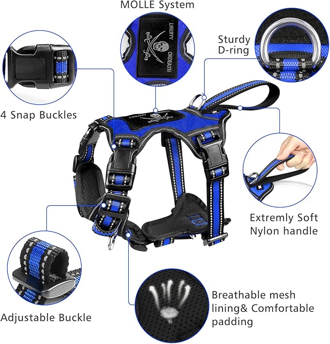 WINSEE Pet Harness Collar and Leash Set, All-in-one Reflective Dog Harness No Pull with Adjustable Buckles for Puppies, Small, Medium, Large, and Extra-Large Dogs (Large, Dark Blue) - PAWPICO