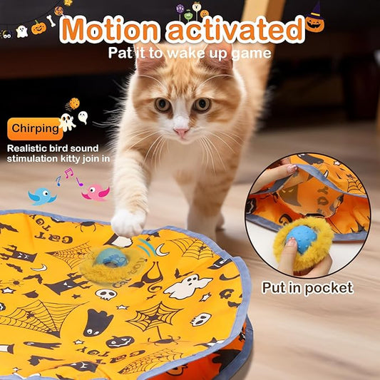 Interactive Cat Toys Ball Fast Rolling in Pouch, Motion Activate Chirping Cat Toy Hide and Seek Mouse Catching Game (Halloween Party) - PAWPICO