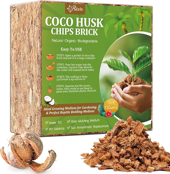Riare 10LBS Coco Chips Substrate for Plants- 100% Organic Coconut Husk Chips with Low EC and pH Balanced, High Expansion Coconut Substrate Coco Husk Mulch for Garden Flowers, Herbs, Planting Riare