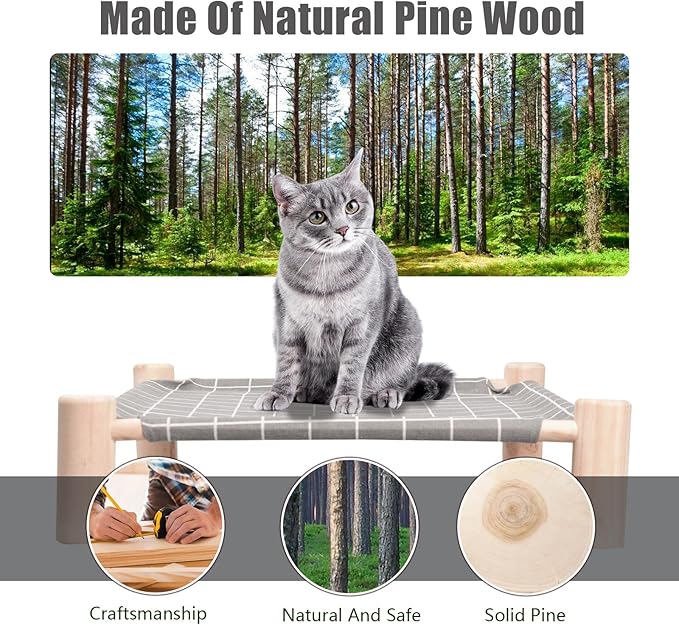 Cat Bed and Cat Hammock Bed, Small Dog Wooden Elevated Cat Bed, Pine Wood, Breathable Outdoor Cat Bed for All Seasons, Elevated Pet Sleeping for Indoor, Cat Cots Furniture Pet Bed Bunny Bed(Gray Grid) - PAWPICO
