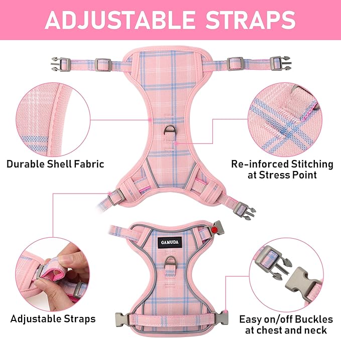 GAMUDA Dog Harness Collar and Leash Set, Dog Harness, No Chock No Pull Adjustable Vest Harnesses Plaid Reflective for Medium Dog, Cat, Small Horse, Small Bull and Pig (Pink, S) GAMUDACollarsCollection