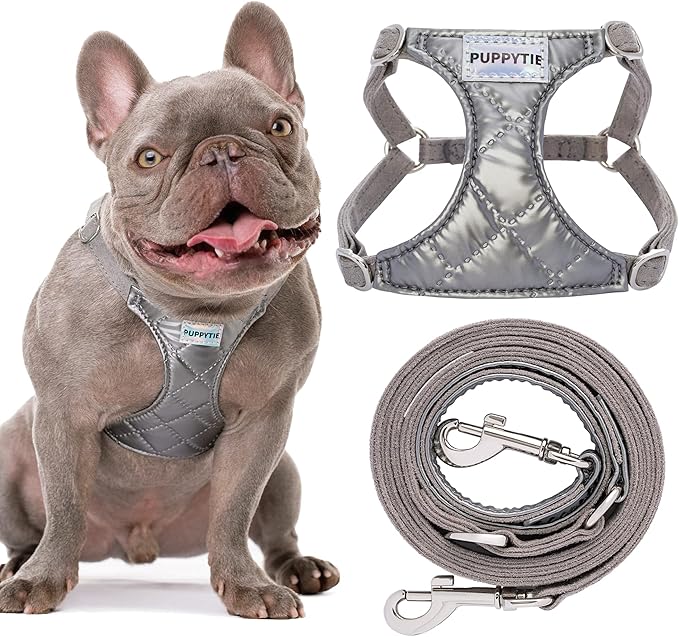 Puppytie No Pull Dog Harness with Multifunction Dog Leash,Soft Adjustable No Choke Escape Proof Pet Harness Vest for Medium Dogs,Glossy Grey,M Puppytie