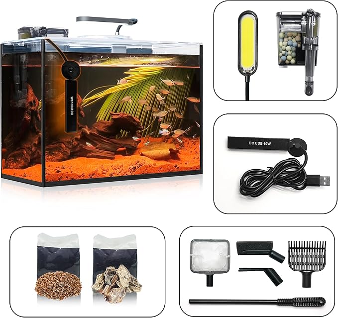 3 Gallon Betta Fish Tank Small Aquarium Starter Kit, with Heater Self Cleaning System Efficiency Filter Bright Light Rocks Gravel Cleaning Tool Set, HD Float Complete Glass Leak-Proof Gift Present WONDERFACTORY