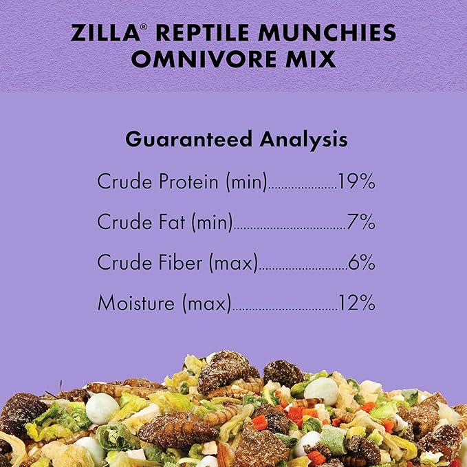 Zilla Reptile Munchies, Omnivore Mix, Dehydrated and Sun Dried Vegetables and Insects, Natural Ingredients, Resealable Bag 4 oz. Zilla