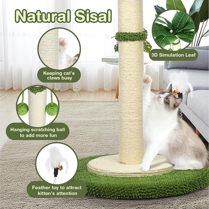 Cat Scratching Post, 37.4 Inch Tall Scratching Posts for Indoor Cats, Sisal Rope Scratching Post with Hanging Ball, Cat Scratcher Post for Large Cat & Kitten with Feather Toy - PAWPICO