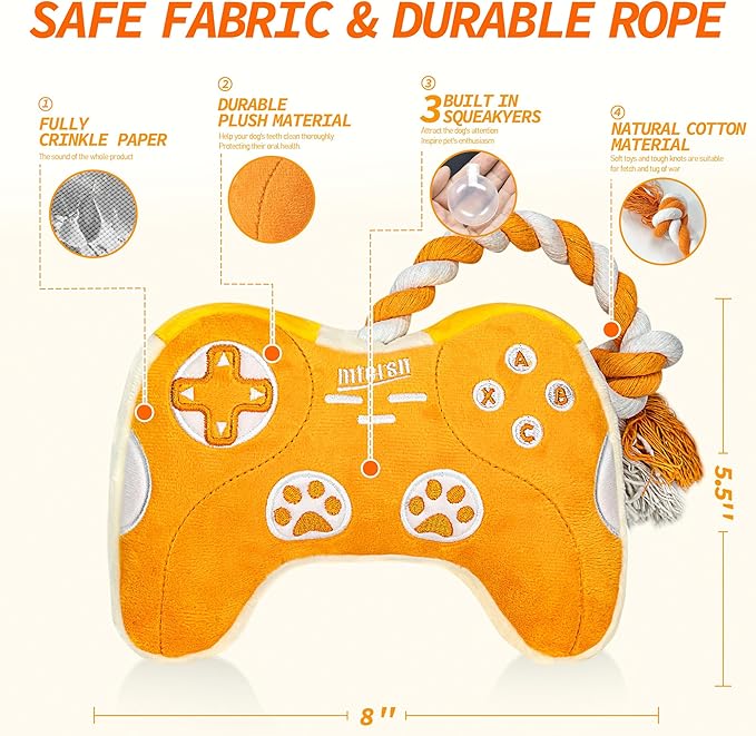 MTERSN Plush Dog Toy : Interactive Squeaky Dog Toys with Crinkle Paper and Gaming Controller Shape Dog Rope Toys - Funny Dog Chew Toys with 3 Squeakers for Puppy, Small, Medium, Large Dogs (Yellow) - PAWPICO