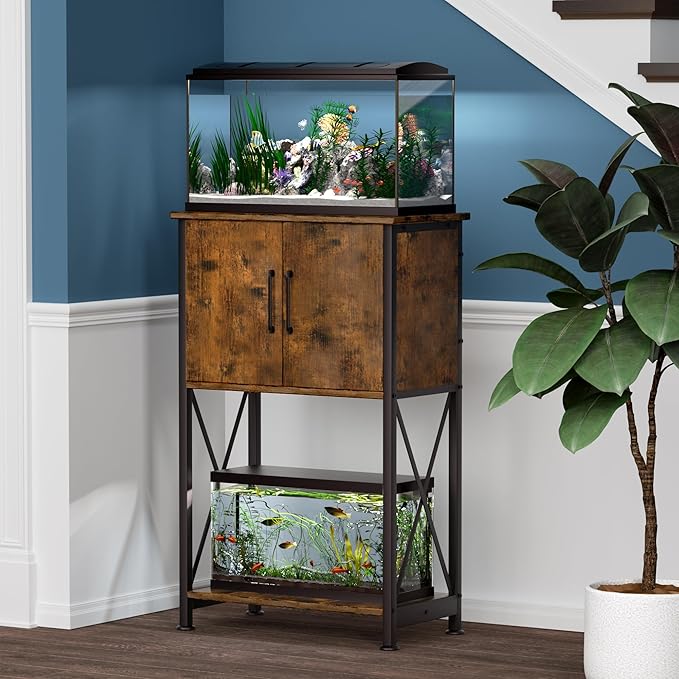 5-10 Gallon Fish Tank Stand, Metal Double Aquarium Stand with Cabinet for Fish Tank Accessories Storage, Heavy Duty 20.5" L* 11.02" W Tabletop, 500LBS Capacity Rustic Brown and Black PG06YGN Herture
