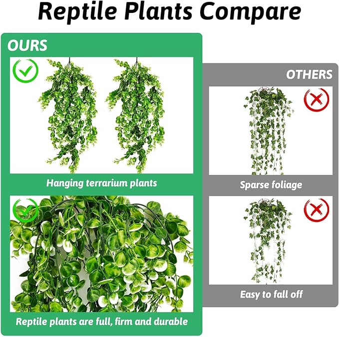 Hamiledyi Hanging Fake Plants for Reptiles, 2 Pack Fake Reptile Plants for Reptiles Tank with Suction Cup, Reptile Plants Jungle Hanging Vines for Bearded Dragon Tank (Green and White) Hamiledyi