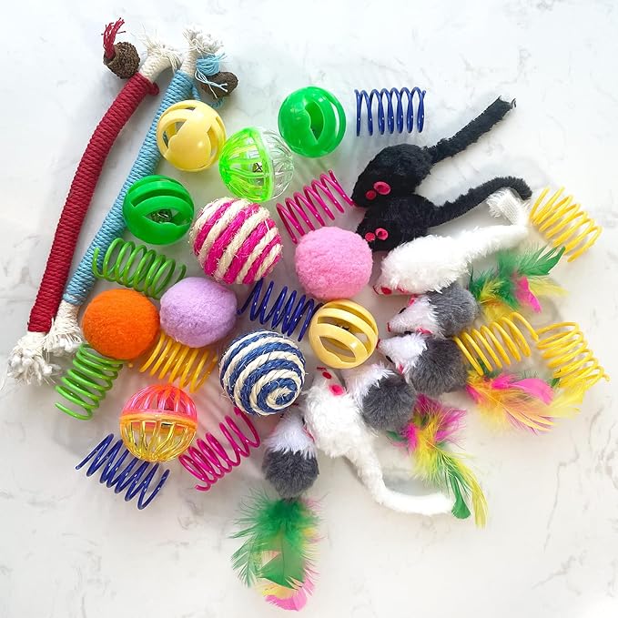 Cat Toys for Indoor Cats, 34 Packs Interactive Cat Toys for Kitten, Cat Toys Set with Colorful Cat Spring Toys, Cat Mouse Toy, Catnip Ropes, Colorful Balls and Bells, Sisal Ball - PAWPICO