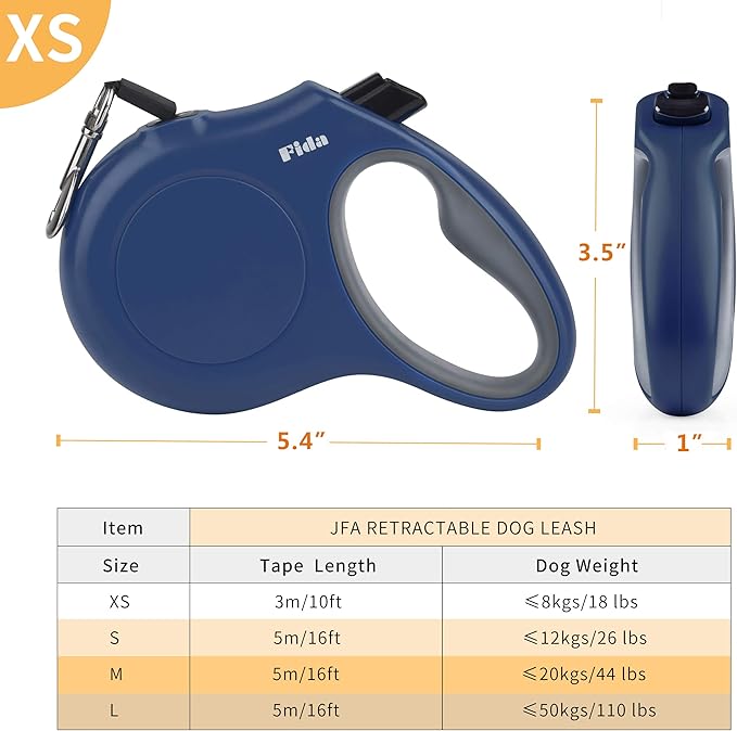 Fida Retractable Dog Leash, 10ft Heavy Duty Pet Walking Leash for X-Small Dog or Cat up to 18 lbs, Tangle Free. One-Hand Brake (X-Small,Navy Blue) Fida