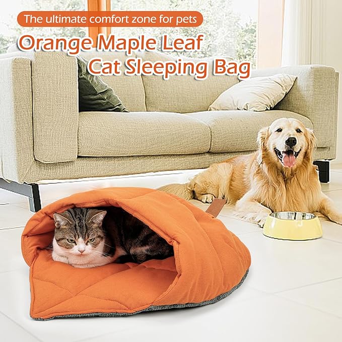 Cat Sleeping Bag,Cozy Cat Bed Cave Leaf Nest,Linen Fabric Pet Cuddle Zone,Covered Hide Warm Burrowing Soft Durable Washable Cat Bed for Indoor Puppy and Kitten(Maple Leaf Orange) - PAWPICO
