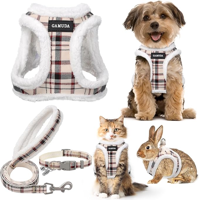 GAMUDA Small Dog Harness Collar and Leash Set, Step in No Chock No Pull Soft Mesh Adjustable Dog Vest Harnesses Plaid Reflective for Dogs Puppy Cats Kitten Rabbit (Warm Beige, XXS) GAMUDACollarsCollection