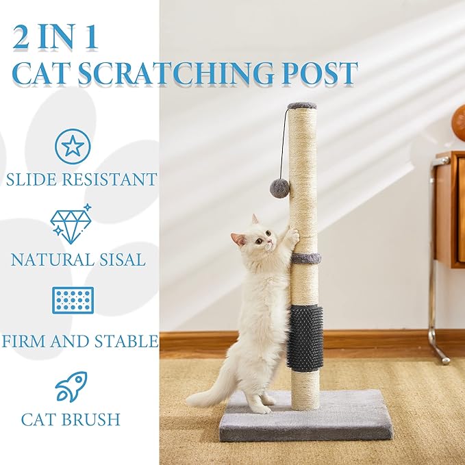 MeowHomm 32" Cat Scratching Post with Self Groomer Cat Brush, Sisal Rope Tall Cat Scratching Post with Soft Hanging Ball for Indoor Cats, Cat Claw Scratcher Covered with Soft Smooth Plush - PAWPICO