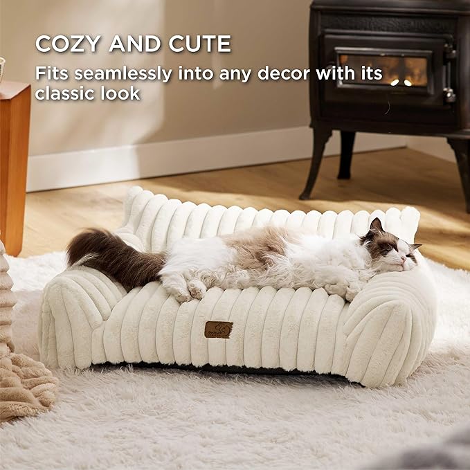 Bedsure Cute Cat Couch for Pets - Fluffy Small Dog Sofa with Premium Soft Corduroy Fleece, Pet Sofa with Removable Washable Cover, Supportive Dog Couch Bed for Small Medium Dogs, 30inch, Cream - PAWPICO
