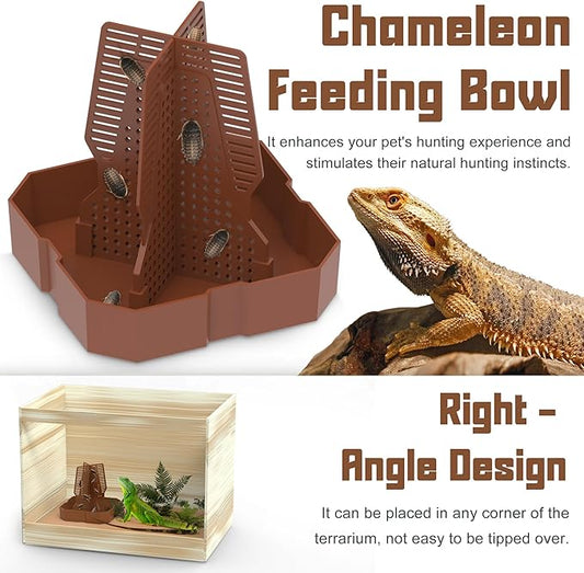 Chameleon Feeding Bowl for Reptile Terrarium, Climbable Design for Reptile to Hunt, Suitable for Feeding Lizards, Bearded Dragons, Geckos, Guardians, Frogs, Reddish Brown, Large Fischuel