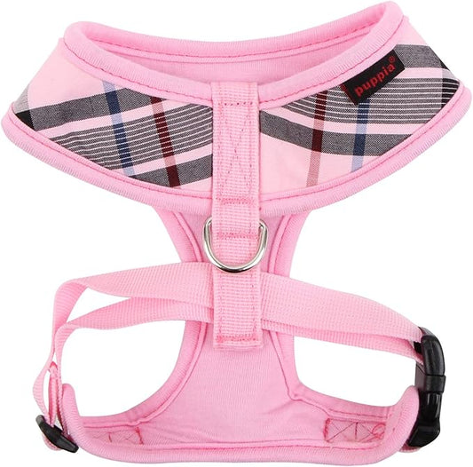 puppia Junior Over-The-Head Dog Harness Checkered Pattern No Choke No Pull Adjustable Chest Belt Walking Training for Small and Medium Dog, Medium, Pink PUPPIA