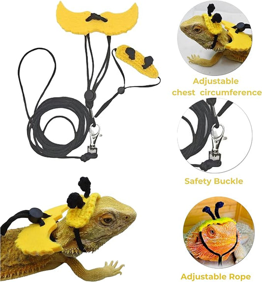 Adjustable Bearded Dragon Harness with Wings and Bee Hat Set, Lizard Leash Cute Hats for Small Reptiles Geckos Hamster, Bearded Dragon Stuff, Leopard Gecko Accessories (Head Cover+Traction Rope) HomedyCrafts