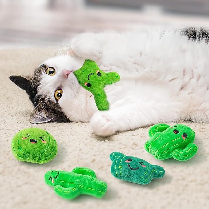MALLMALL6 Catnip Toys for Cat - 5Pcs Cactus Prickly Plants Catmint Interactive Cat Toy for Indoor Cats, Soft Plush Green Cat Supplies, Kitten Teething Chew Toy Set, Cute Pet Gifts for Cat Lover - PAWPICO
