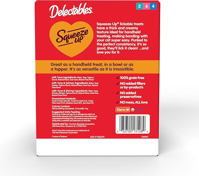 Delectables Squeeze Up Seafood Variety Pack, Creamy Squeezable Puree, Lickable Wet Cat Treats, Grain Free, No Added Fillers, No by-Products, No Added Preservatives, 0.5 Ounces Tube, 72 Tubes Total Hartz