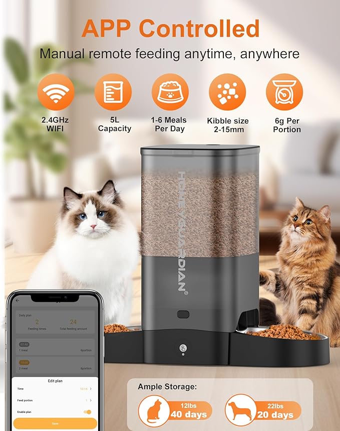 HoneyGuaridan 5L Automatic Cat Feeder for Two Cats, 2.4G WiFi Enabled Smart Feed Pet Feeder with Stainless Steel Bowl,APP Control Dispenser, Dual Power Supply,10s Meal Call Black - PAWPICO