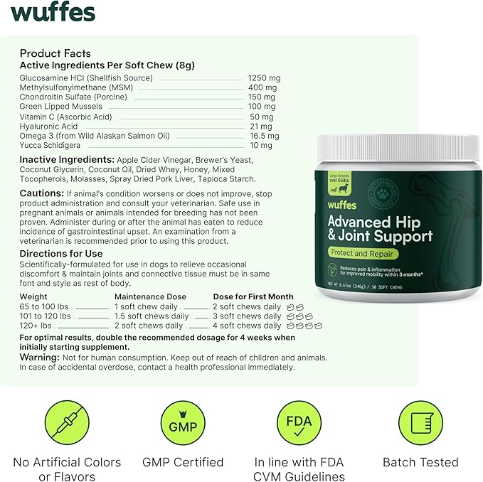 Wuffes Chewable Dog Hip & Joint Supplement - Glucosamine & Chondroitin Chews - Dog Joint Supplements & Vitamins - Extended Joint Care (Large Breed (Over 65 lbs), 90 Chews (Pack of 3)) Wuffes