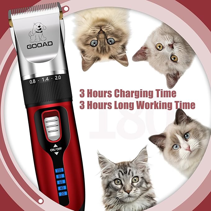 Cat Clippers for Matted Hair, Cat Grooming Kit, Cordless Cat Shaver for Long Hair, Low Noise Paw Trimmer, Cat Hair Trimmer for Grooming,Quiet Pet Hair Clippers Tools for Cats Dogs (Red) - PAWPICO