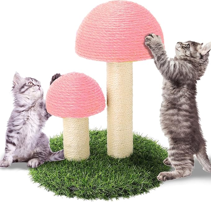 PowerKing Mushroom Cat Scratching Post, 15 x12 Inches Claw Scratching Post for Kitty, Natural Sisal Cat Scratchers Pole, Cat Interactive Toys, Cat Tree Tower (Pink) - PAWPICO