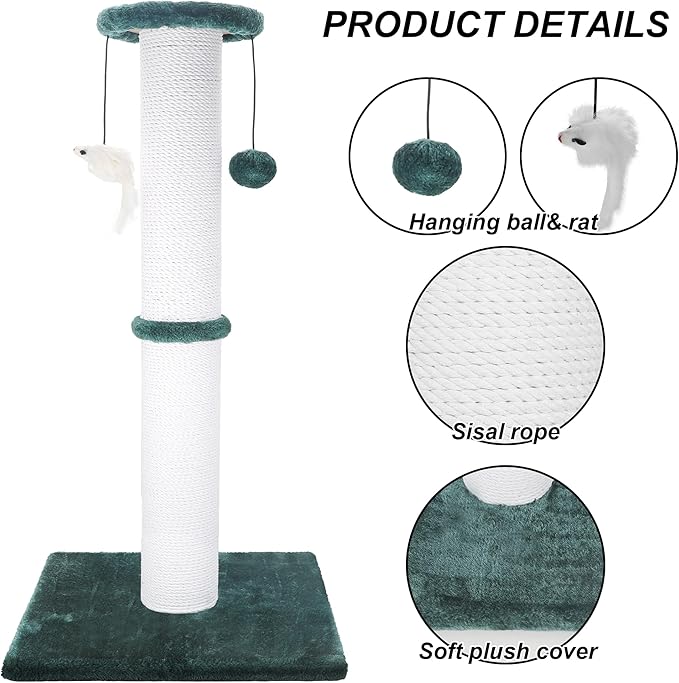 Cat Scratching Post 34 Inches Heavy Duty and Thicker Cat Scratching Post Sisal Rope with Hanging Ball and Mice Scratching Post for Indoor Cats and Adult(Green) - PAWPICO