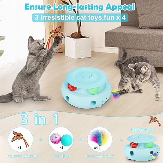 3-in-1 Interactive Cat Toys for Indoor Cats, Automatic 6 Holes Mice Whack-A-Mole, Fluttering Butterfly, Track Balls, USB Rechargeable, Ultra Fun Smart Interactive Kitten Toy (Tiffany Blue) - PAWPICO